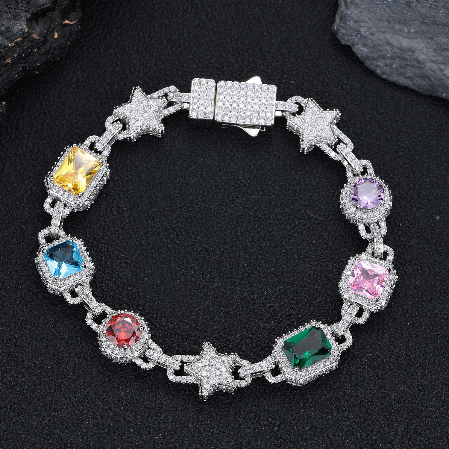 10mm Hip Hop Colored Zircon Crystal Star Chain Necklace Bracelet Choker Jewelry
