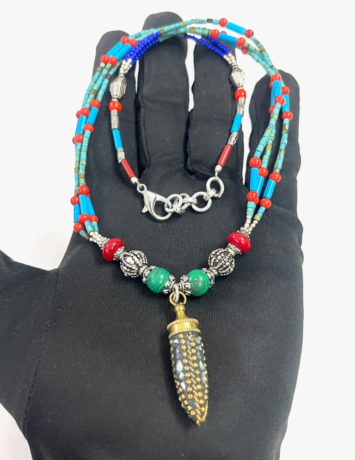 Turquoise Red Coral Gemstone Tibetan Bohemian Necklace Jewelry, 17 inch Adju