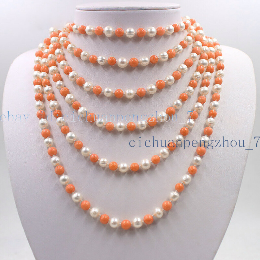 Natural 6-7mm White Pearl 8mm Orange Coral Round Beads Necklace 16-100”