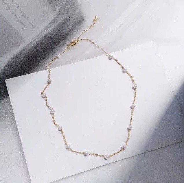 Gold Tone Faux Pearl Choker Necklace Minimalist Beaded Chain 50cm New
