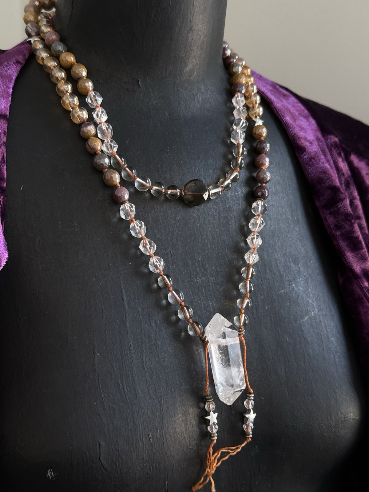 Clear quartz mookaite Jasper citrine Smokey quartz beaded mala necklace pendant
