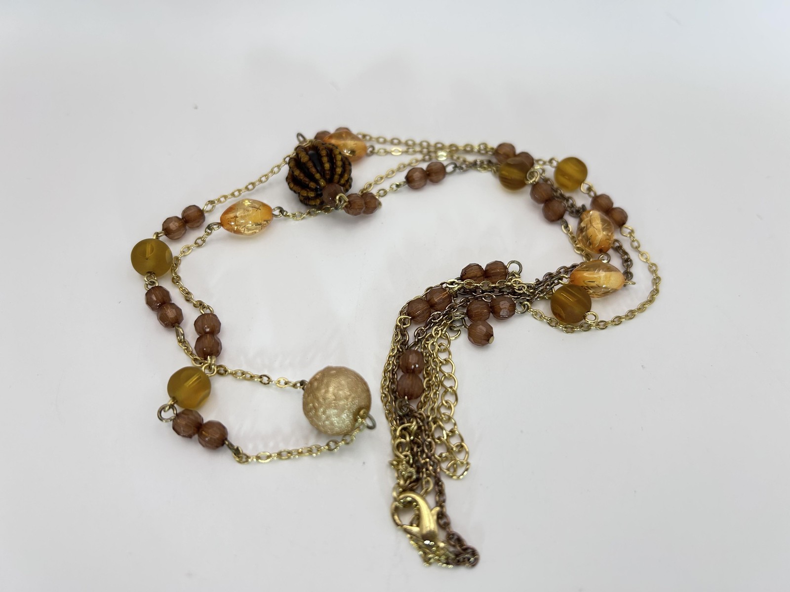 Necklace Gold Tone Brown Beaded Layered Station Chain Lobster Clasp Statement