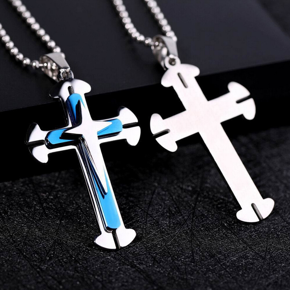 Boys Mens Fasion Stainless Steel Vintage Cross Pendant Necklace Pendant Chain