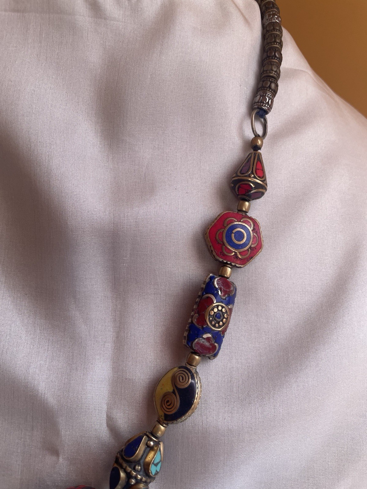 Multicolor Brass Semi Precious stones Inlay Work Nepal Bead Necklace 18” Length