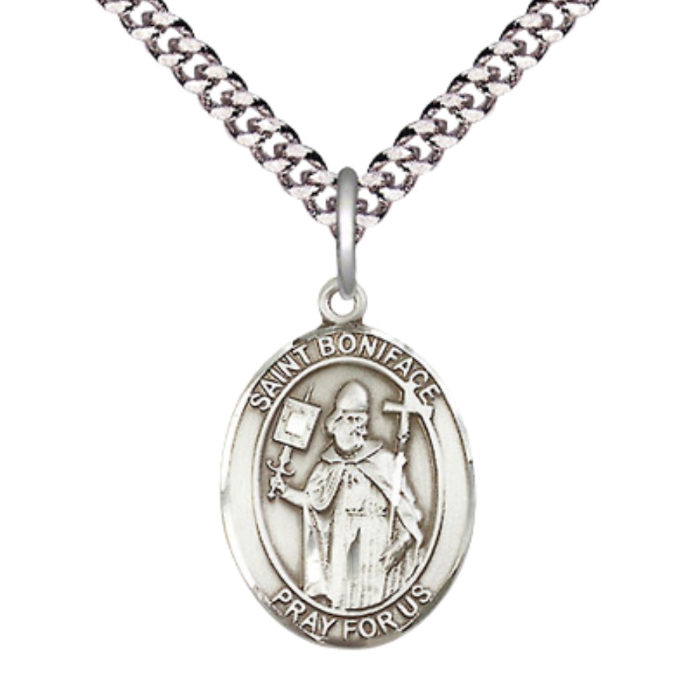 Medium Sterling Silver Saint Boniface Medal Pendant 24″ Endless Chain Necklace
