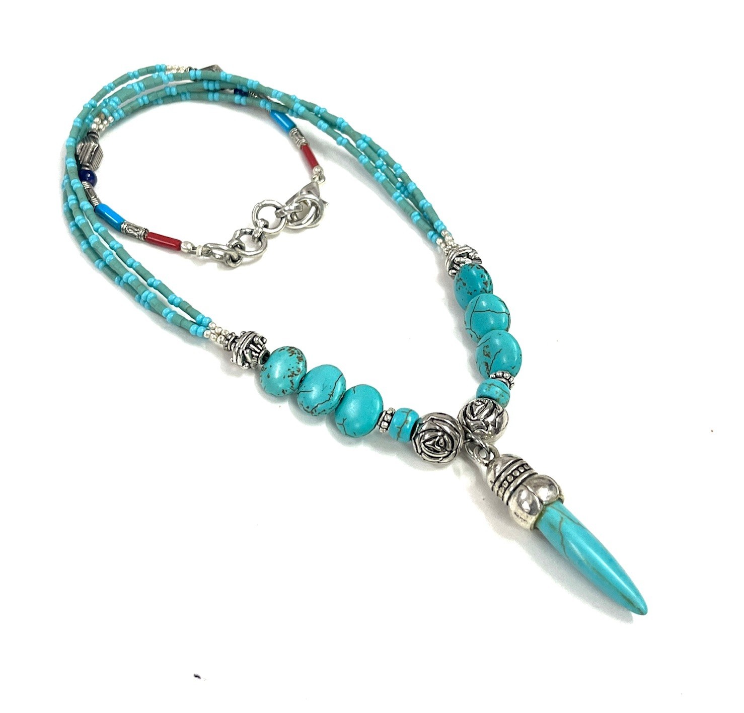 Ethnic Turquoise Gemstone Nepalese Statement Necklace Jewelry, 18 inch