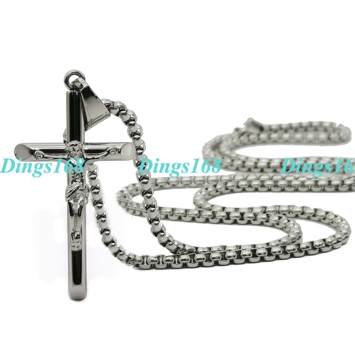 18K White Gold Filled Tarnish-Free INRI Cross Pendant+ Box Chain Necklace S378W