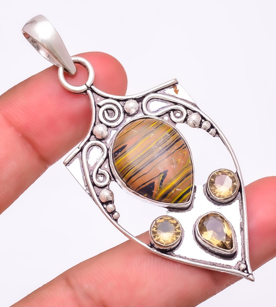 Tiger Rainbow Calsilica & Smokey Gemstone 925 Silver Plated Pendant 2.8″ F2