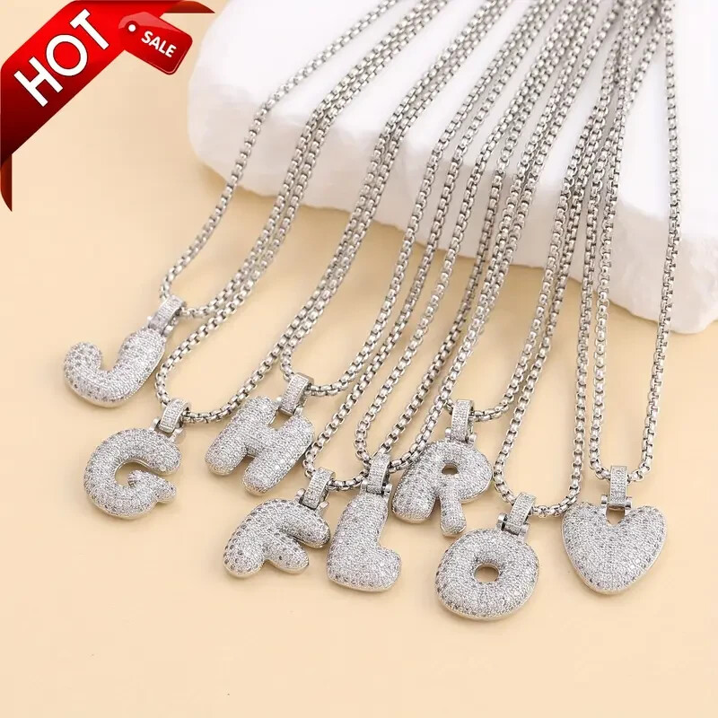AAA+ Brass Initial Alphabet CZ Pendant & 24″ Rolo Stainless Stee Chain Necklace