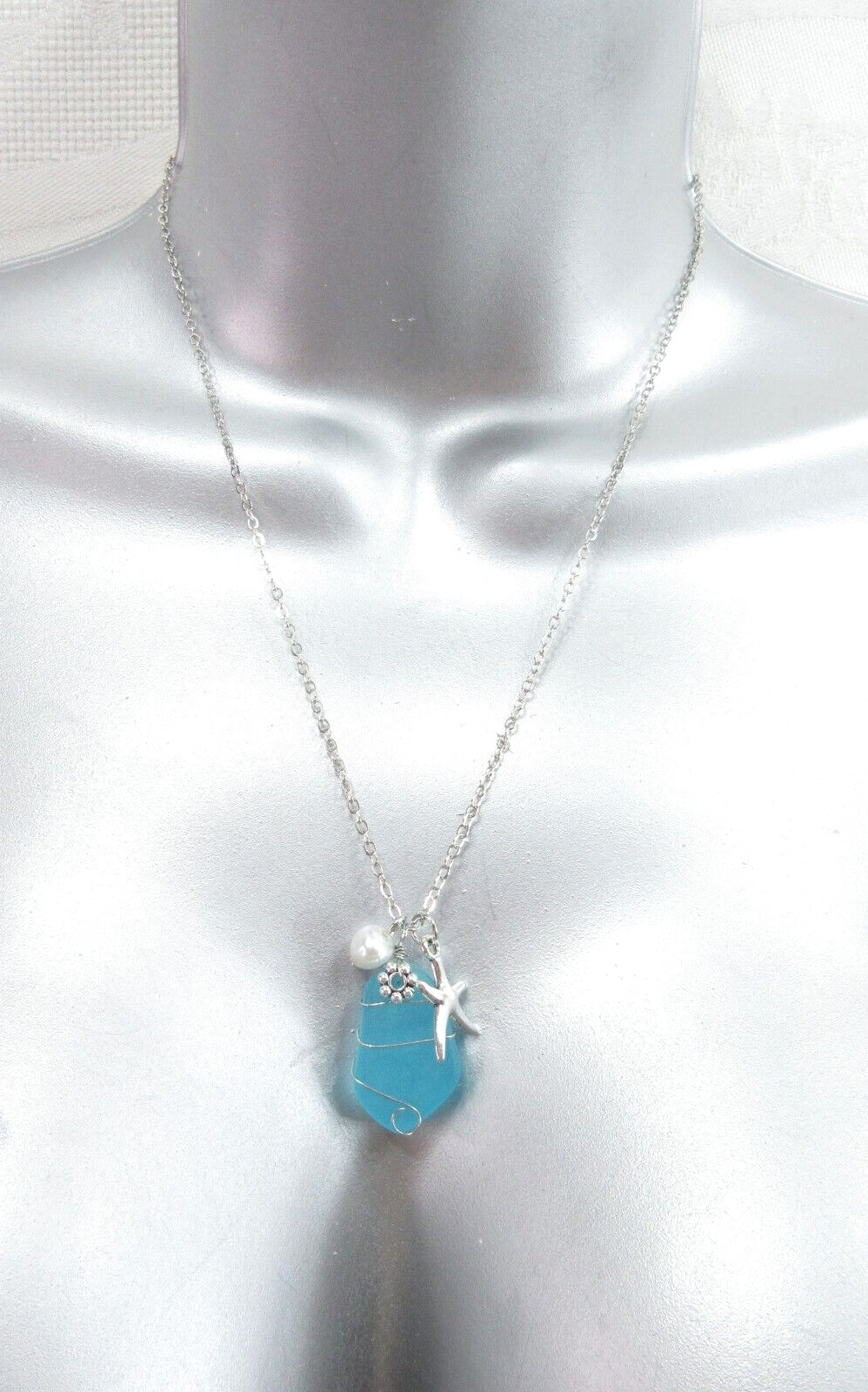 Beach Sea Glass Necklace Blue Silver Starfish Pearl Charms Turquoise Silver New