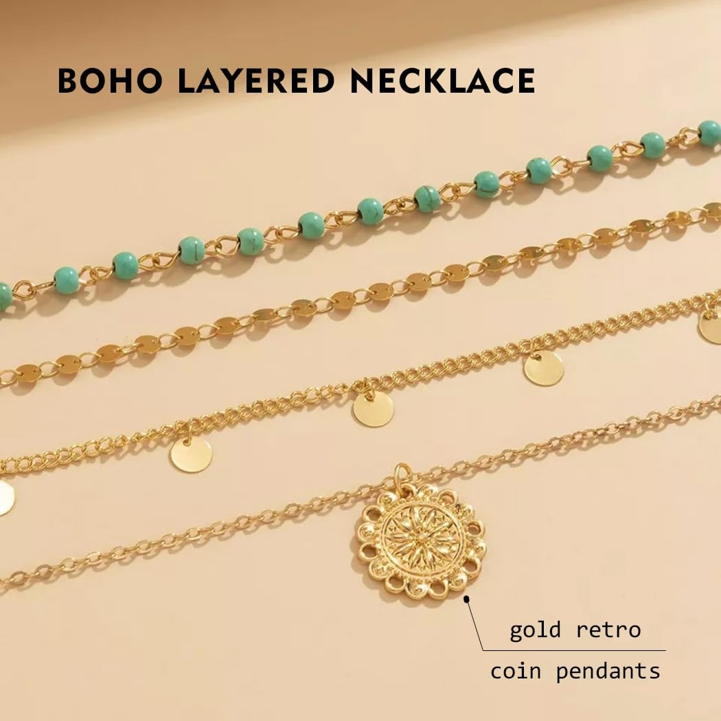 Aiosy Boho Layered Necklace for Women Turquoise Dainty One Size, Gold
