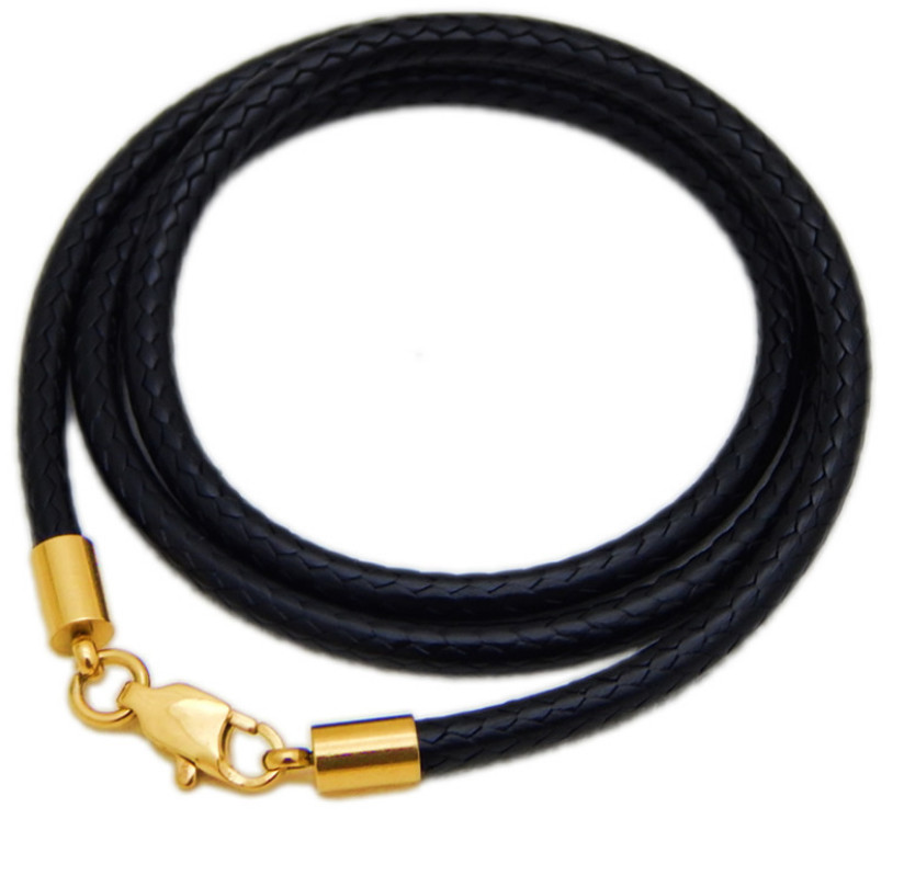 2mm Black Rope Leather Cord Chain Gold Tone Stainless Steel Lobster Clasp 16-32″