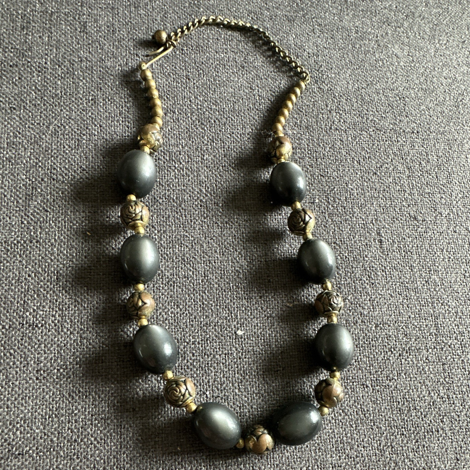 Gold Tone & Gray Beaded Necklace, Curb Chain, Spring Ring Clasp