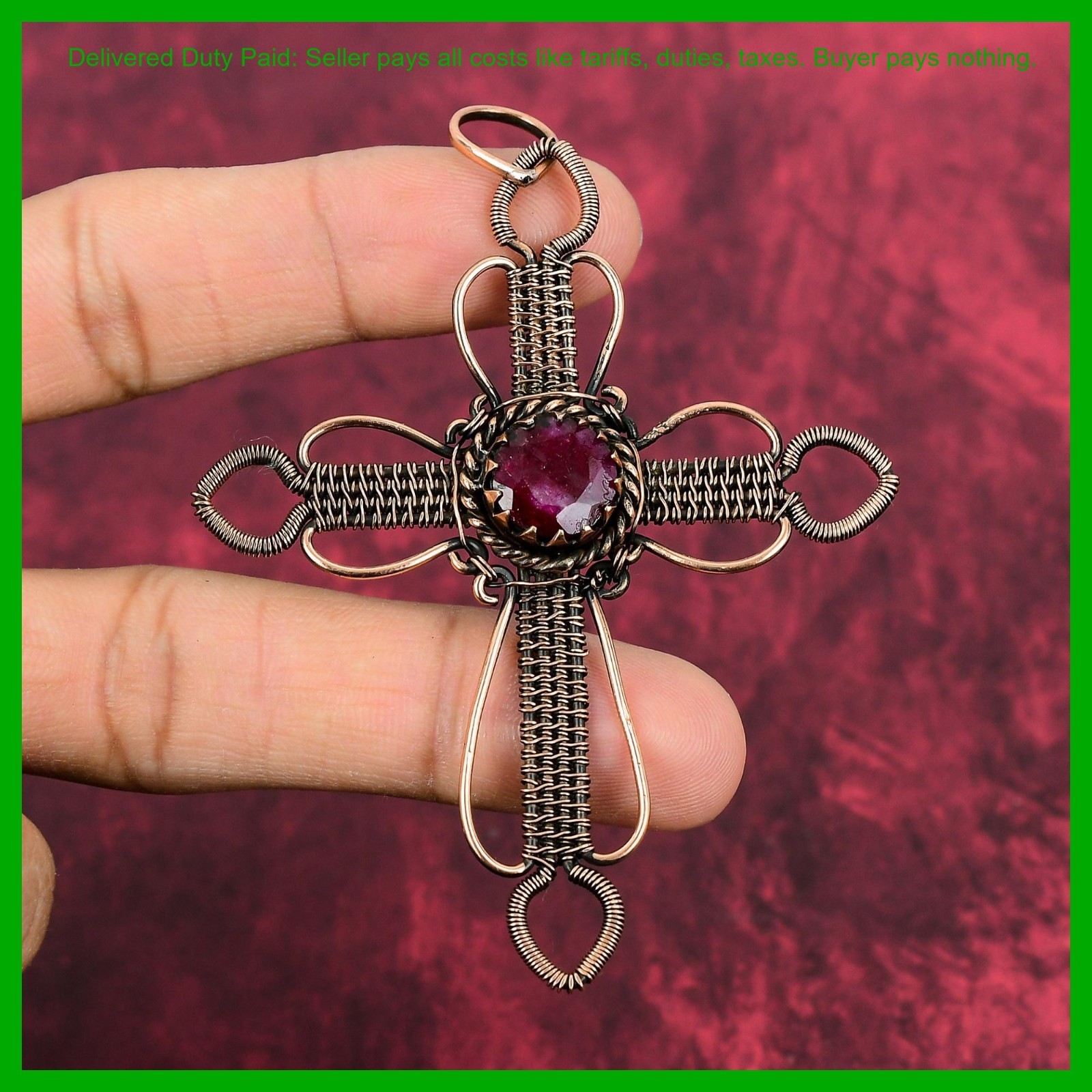 Kashmir Rubi Stone Wedding Wire Wrapped Cross Anniversary Pendant Jewelry Copper