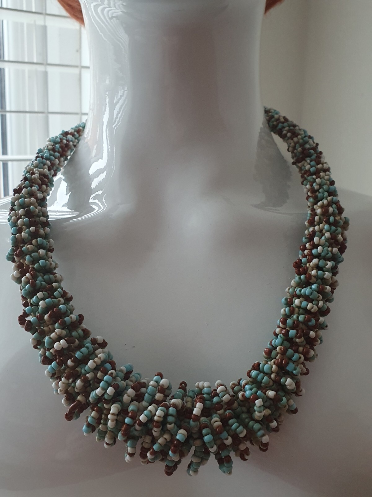 Blue White Brown Twisted Seed Bead None Metal Tribal Ethnic Adjustable Necklace