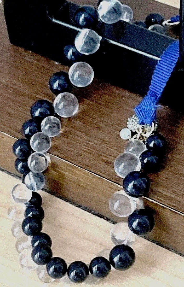 J CREW Bauble Necklace/ Ties In Back/ Blue And Clear Colors