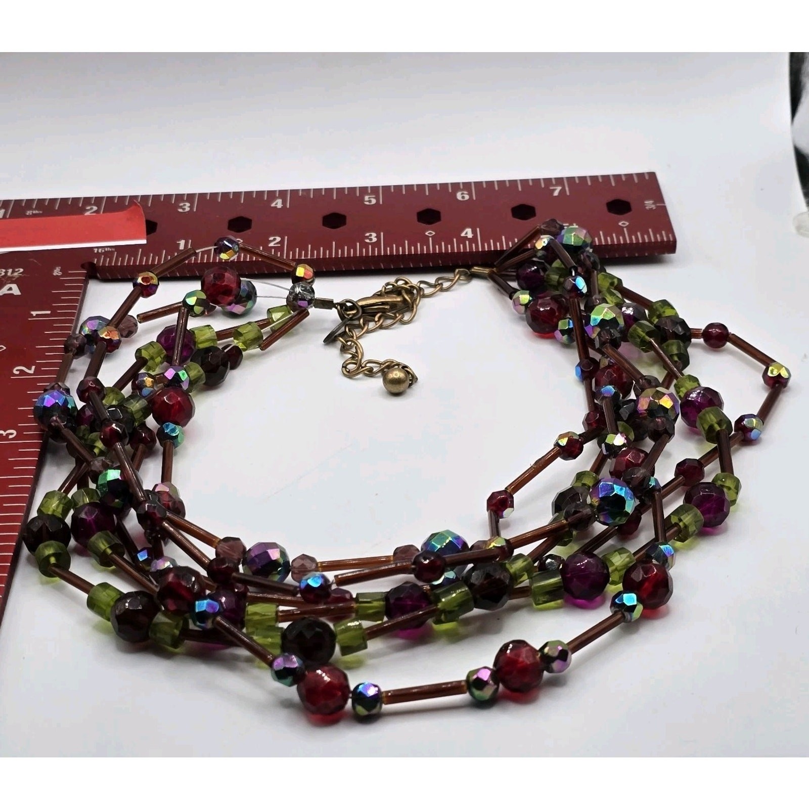 Chico’s Necklace Purple Oil Shimmer Beads Various Shapes Color 16″ 18″ SKU 3233