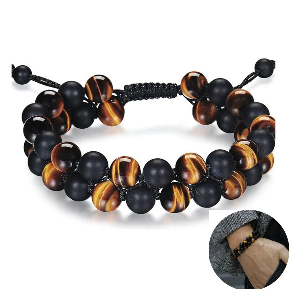 Triple Protection 8mm Natural Tiger Eye Onyx Lava Adjustable Beaded Bracelet Men