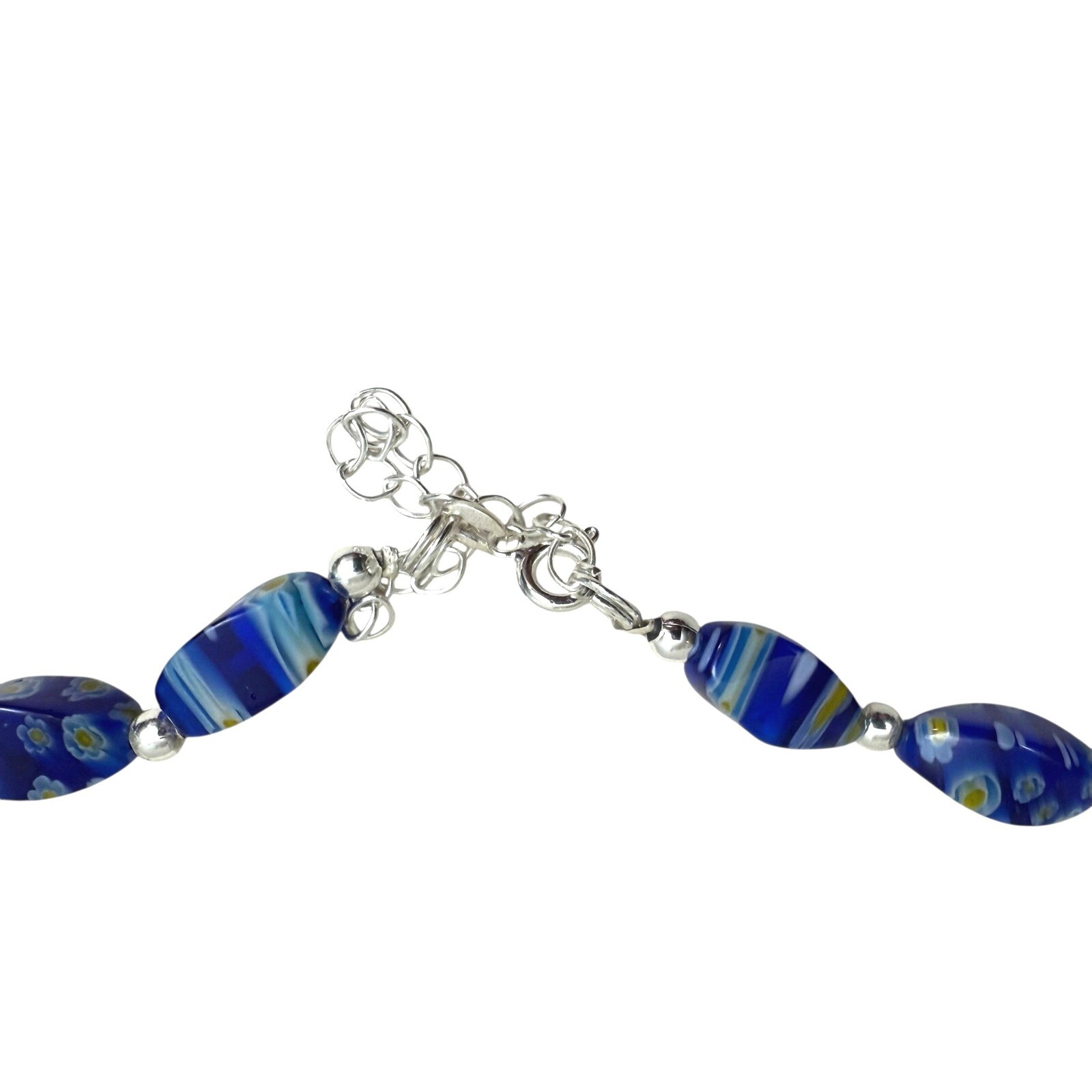 925 Silver Blue Millefiori Glass Beaded Necklace Floral Collar Accent 7.5 in L