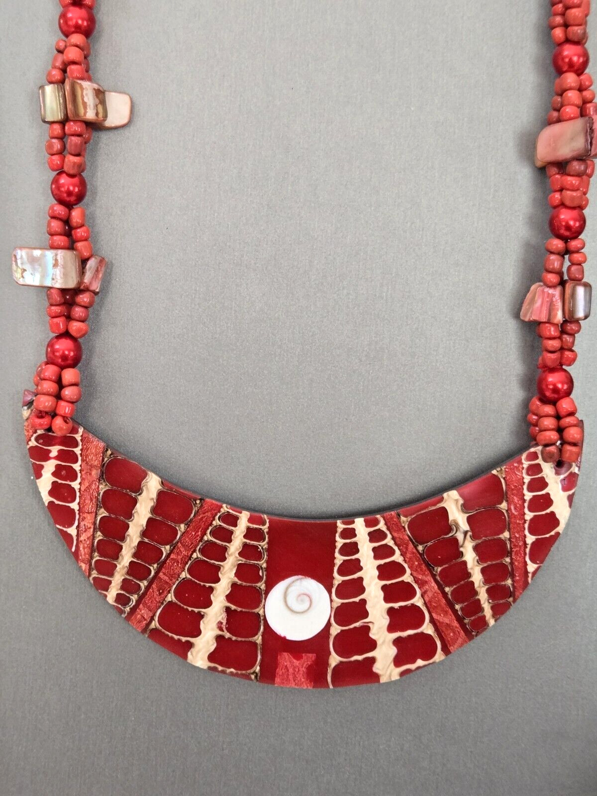 Red Beaded Moon Shell Multi Strand Necklace 22 Inches