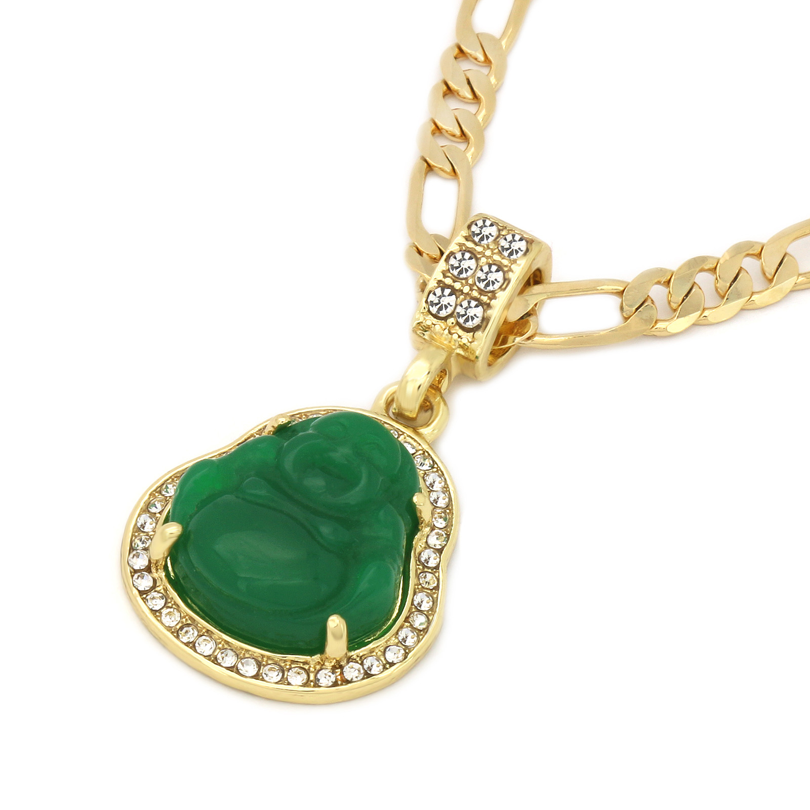 14k Gold Plated Green Jade Buddha Pendant Iced Cubic Zirconia 24″ Figaro Chain