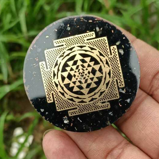 Black Tourmaline Pendant Sri Yantra Orgonite Gemstone Necklace Orgone Energy