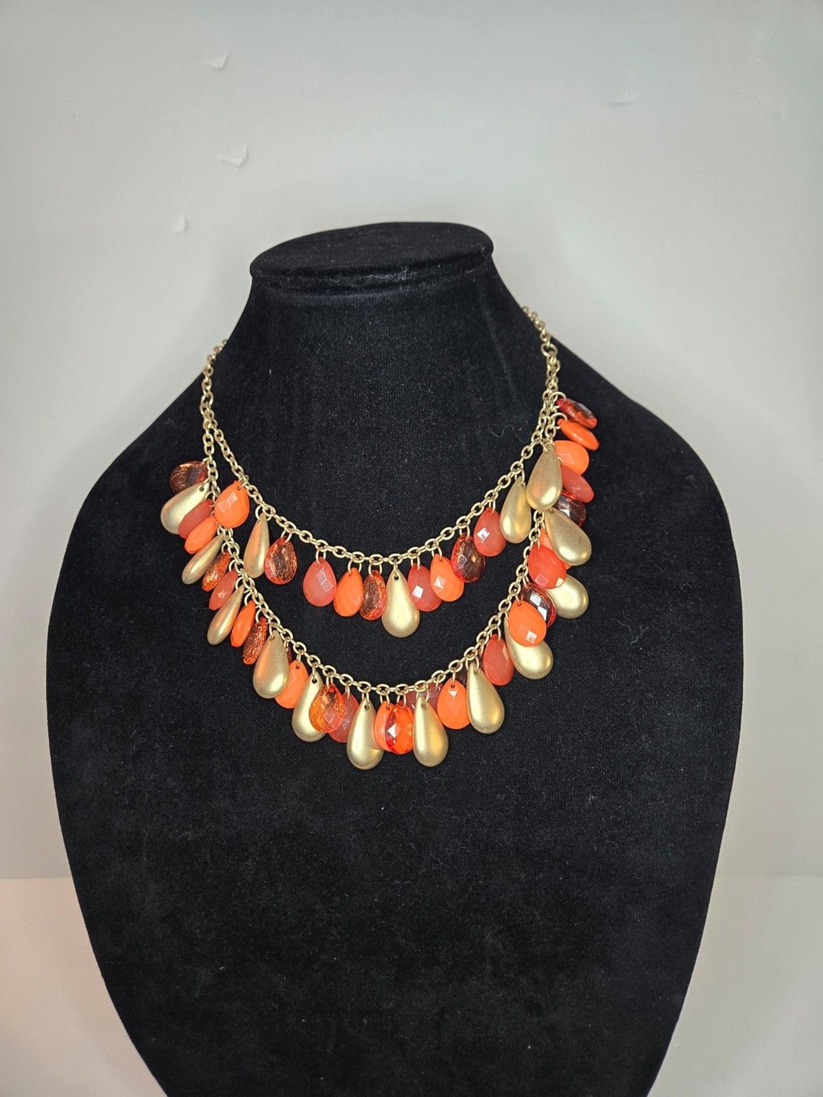 Gold Tone Layered Necklace with Pink and Gold Drop Beads Adjustable Length