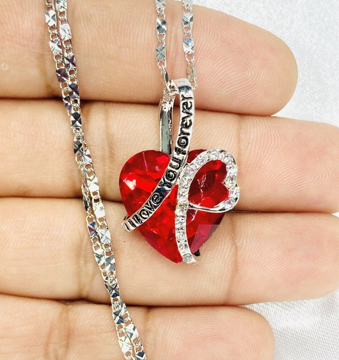 14k White Gold Plated Heart “I Love You Forever” Pendant Huge Red Cz & Chain 20″