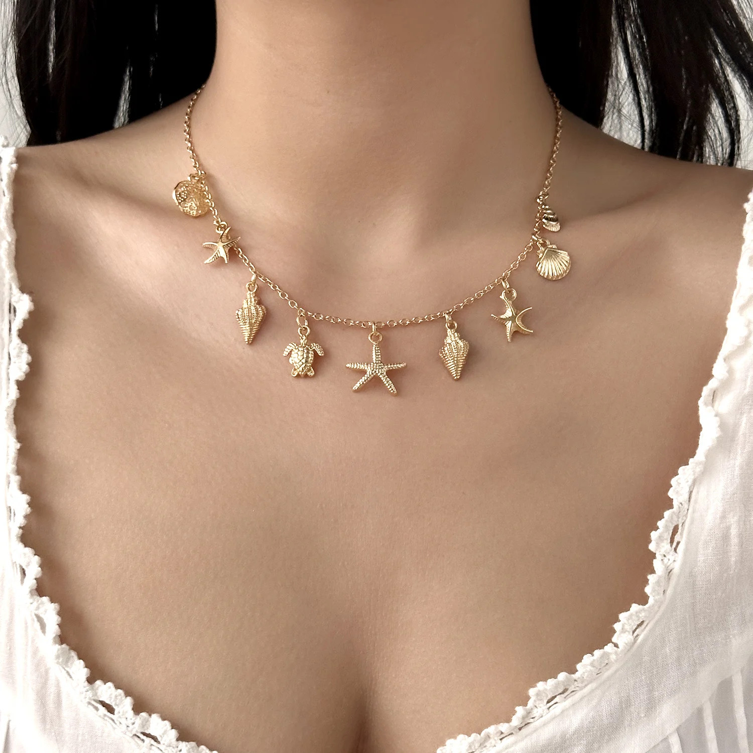 Fashion Gold Color Starfish Conch Turtle Pendant Necklace for Women Handmade She