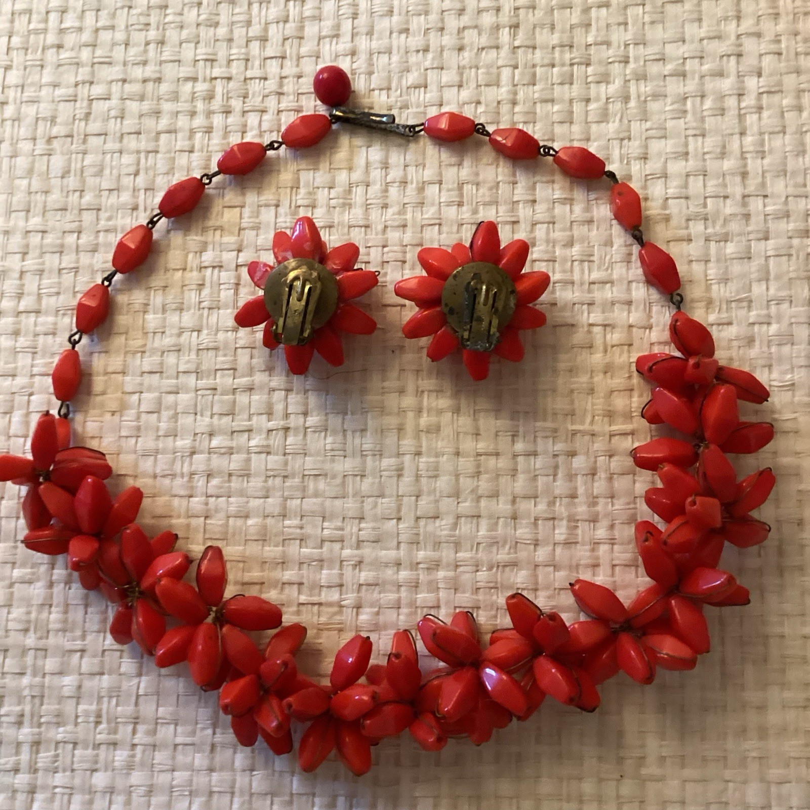 Necklace Vintage Red Coral Choker & Clip on Earring Set Made In Germany