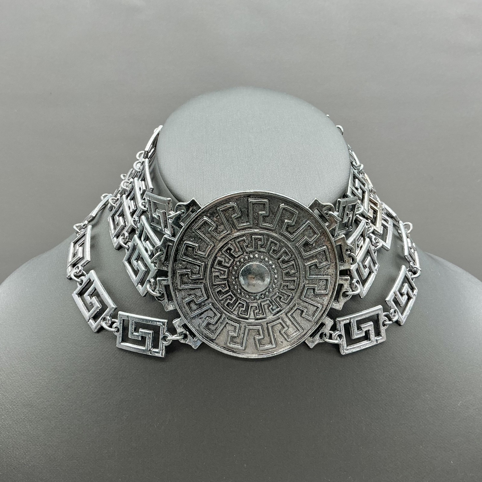 Versace For H&M Necklace Silver Greek Key Medallion Collar Statement Jewelry