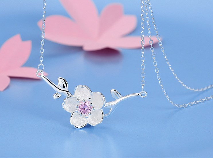 Silver sakura cherry flower Pink Crystal pendant necklace 18″ Chain gift box S5
