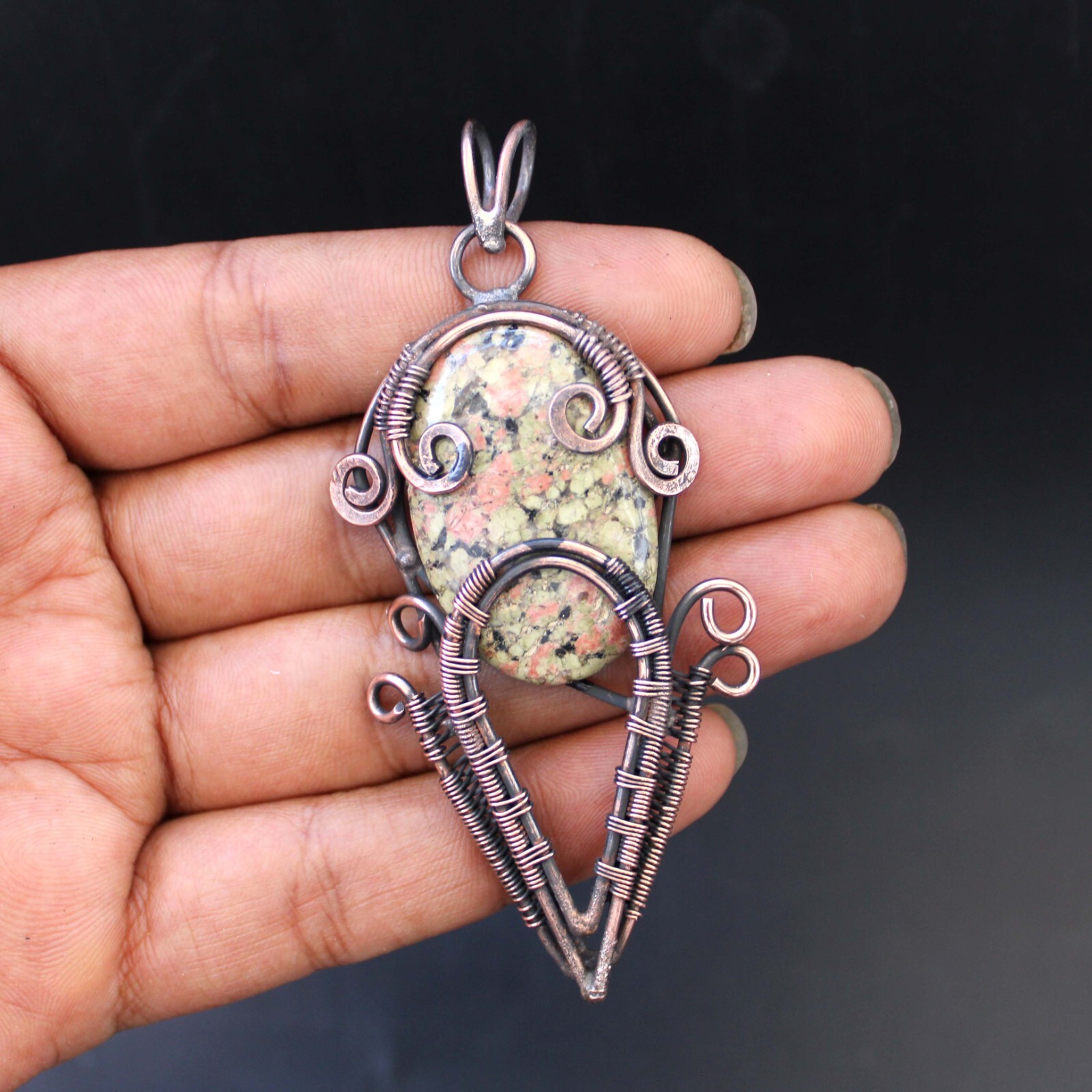 Unakite Gemstone Pendant Copper Wire Wrapped Pendant Jewelry Anniversary Gift