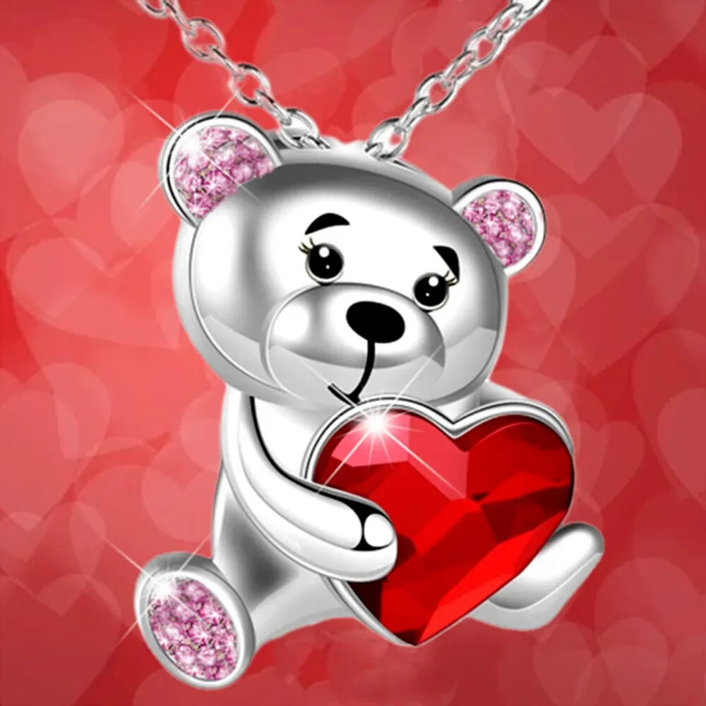 Teddy Bear Zircon Red Crystal Gem Necklace for Women with gift box