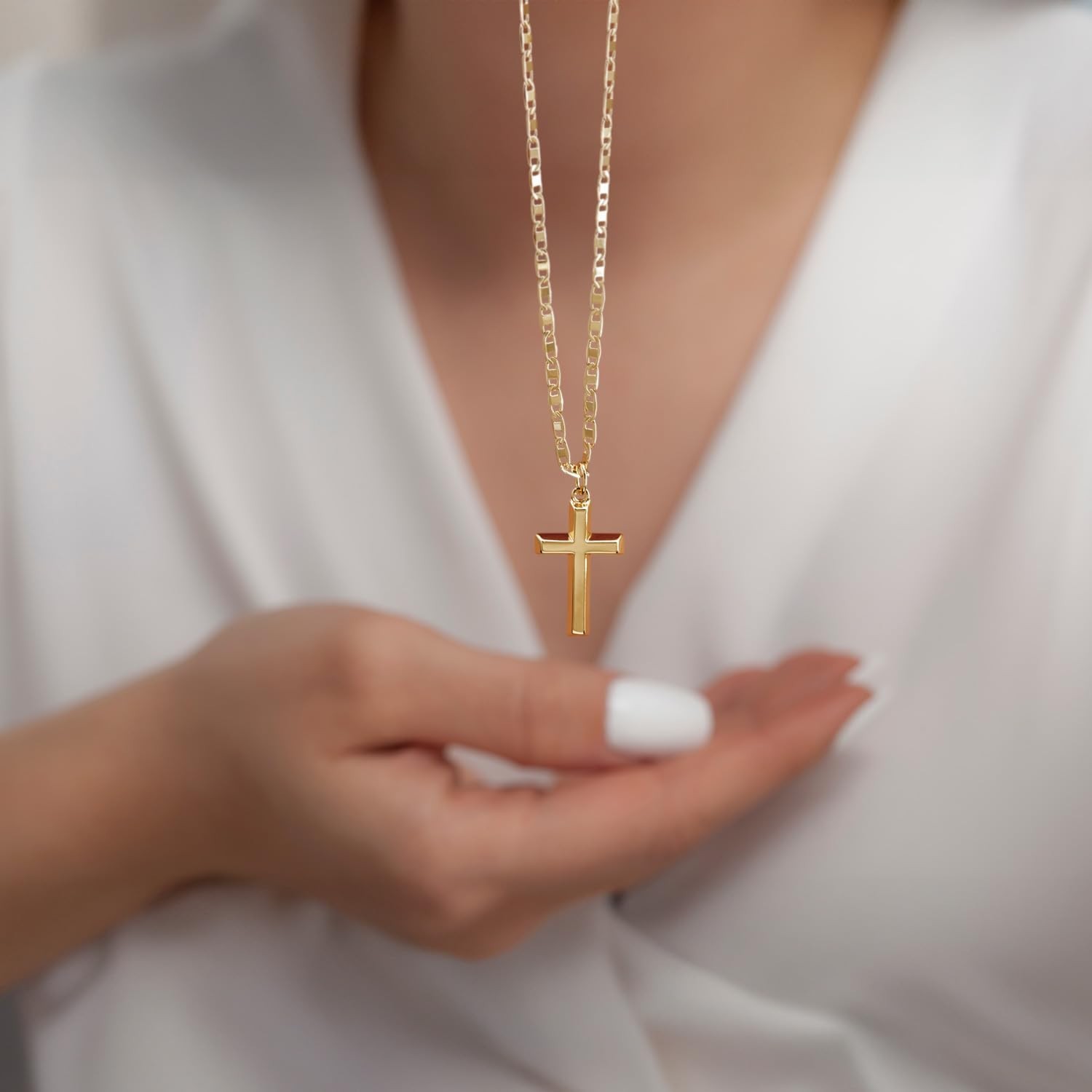 14K Gold Cross Necklace for Women, Figaro Chain Pendant, 19″ Mariner Style, Masc