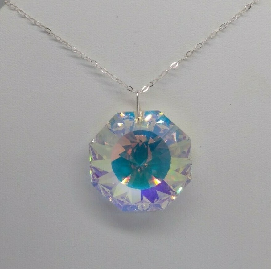 Handmade Sterling Silver Swarovski Crystal Clear AB 28mm Sunburst 6208 Necklace