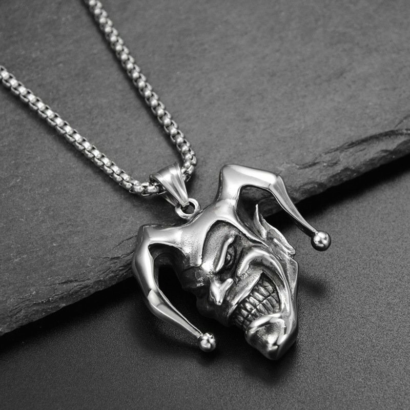MENDEL Mens Stainless Steel Punk Boys Joker Clown Pendant Necklace Jewelry Chain