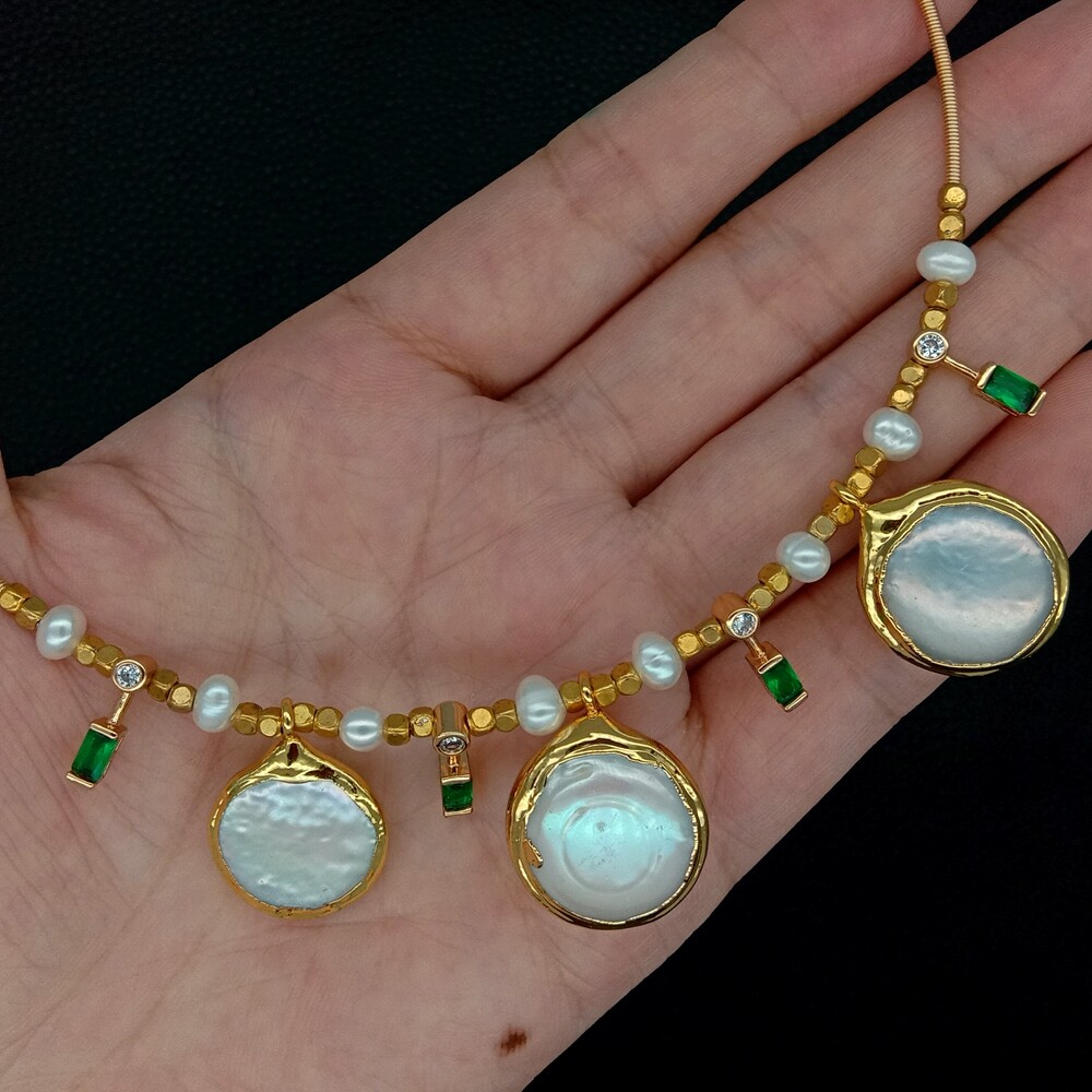 15″ Cultured White Coin Pearl Potato Pearl Cz Pave Choker Charm Necklace