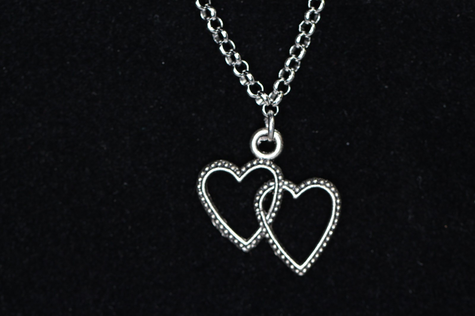 Hearts Necklace Silver Pewter Charm 1″ Pendant 3mm Stainless Chain 18″ Joined