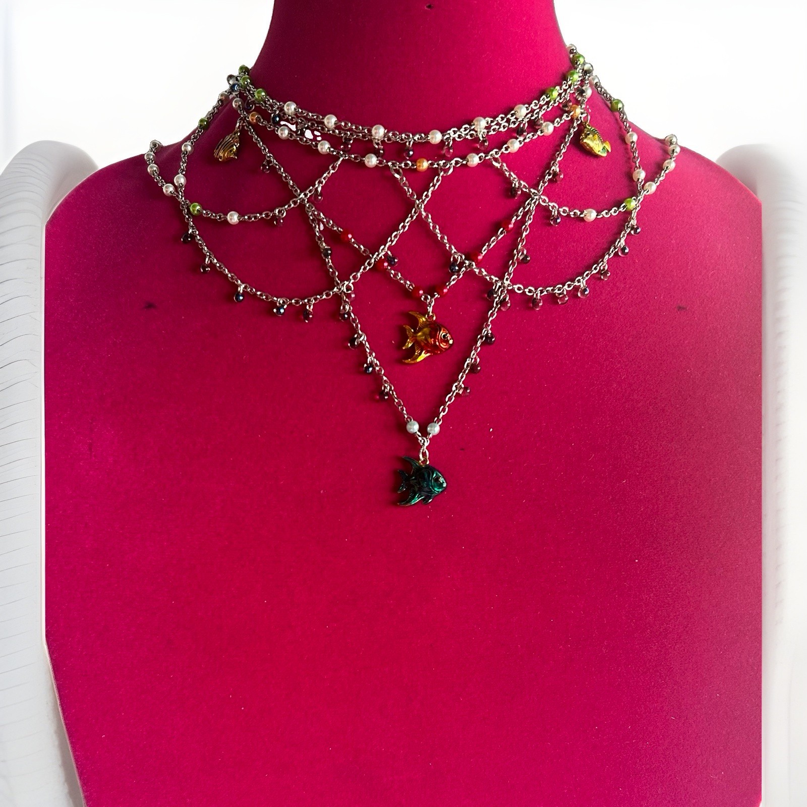 Gold Tone Multi-Strand Crystal Choker Necklace Green Heart Pendant Beauty