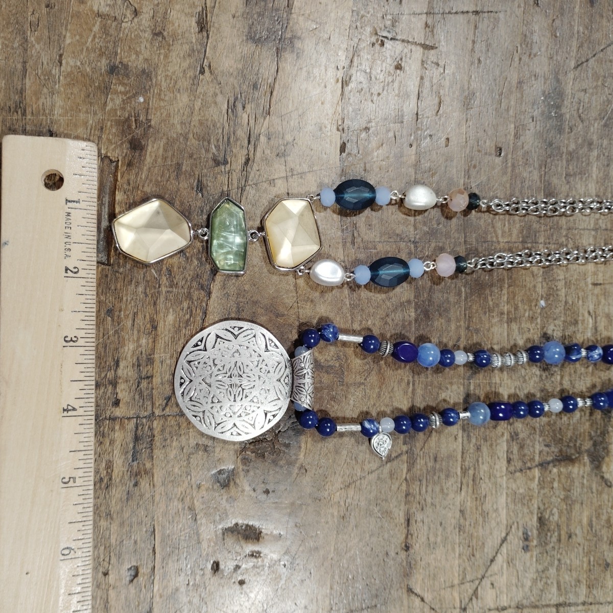 Two Chico’s Necklaces Beads Silver Tone Pendant Adjustable Engraved