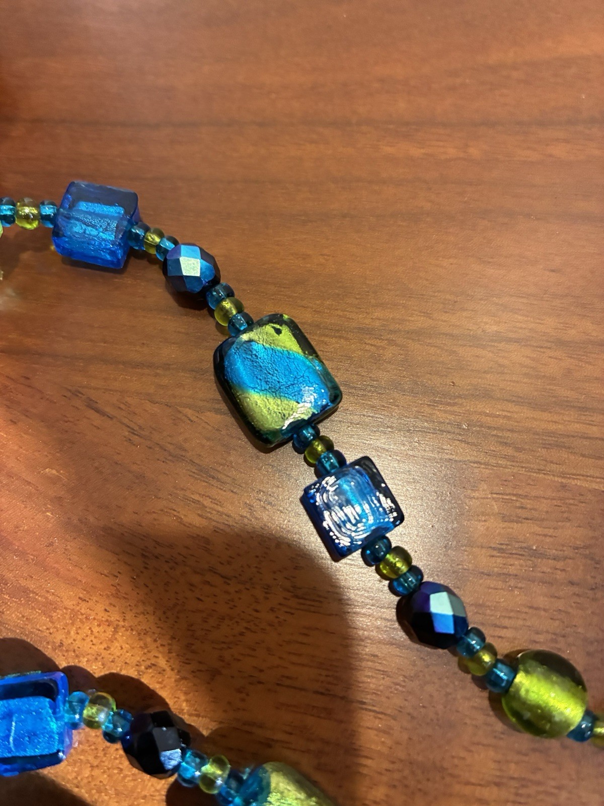 Vintage Blue Green Art Glass Beaded Necklace With Dichroic Glass Pendant Clasp
