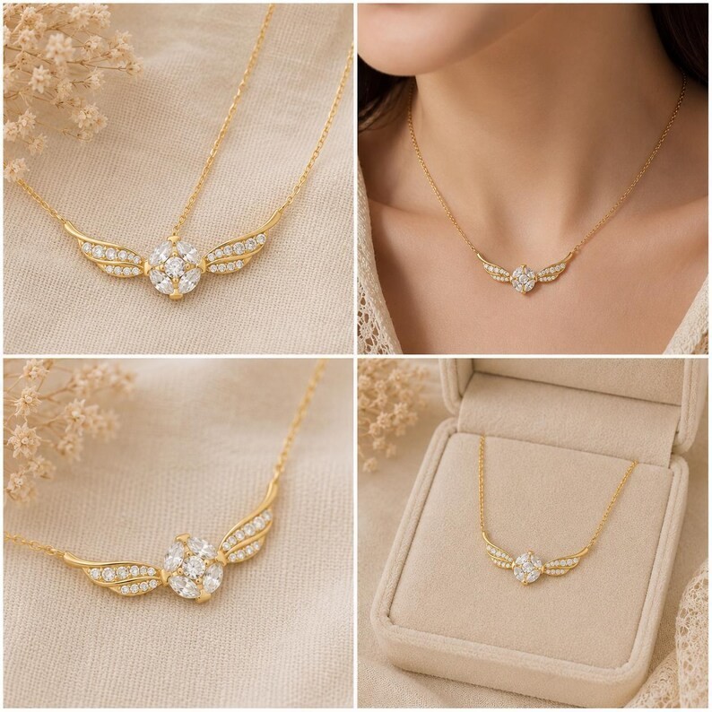Fantasy Winged Necklace | Sterling Silver Pendant | CZ Diamonds, Gold Finish