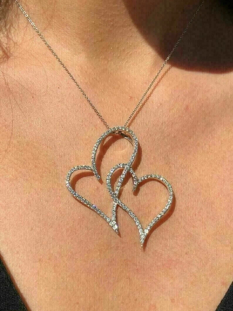 2Ct VVS1 Round Cut Diamond Large Double Open Heart Pendant 14K White Gold Plated