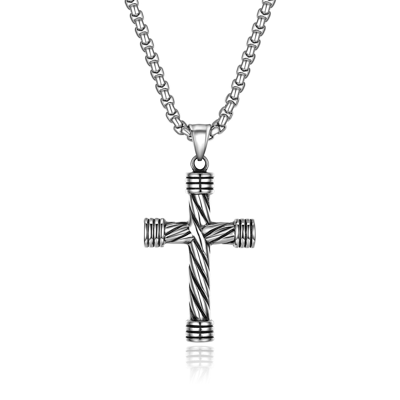 Men’s Silver Tone Necklace Vintage Religious Cross Stainless Steel Pendant Chain