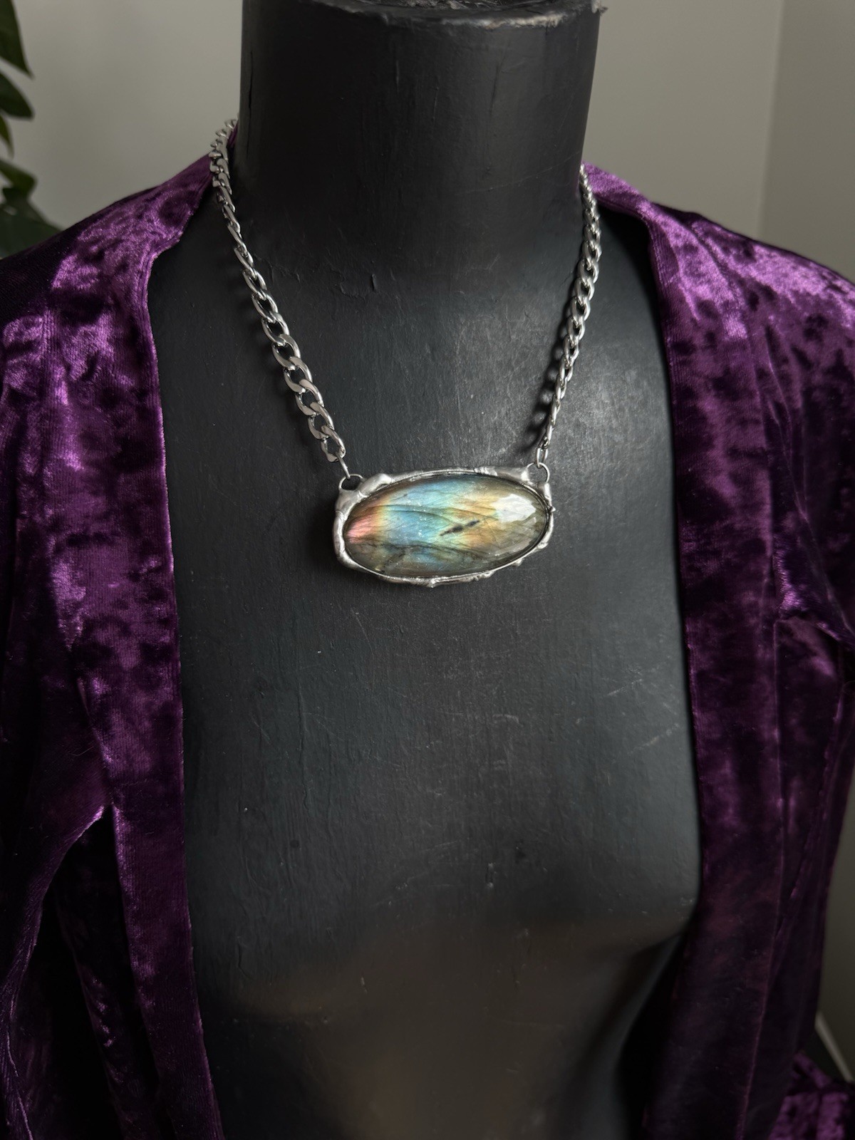 Labradorite Crystal Gemstone Necklace Pendant Statement Jewelry Rocker Biker