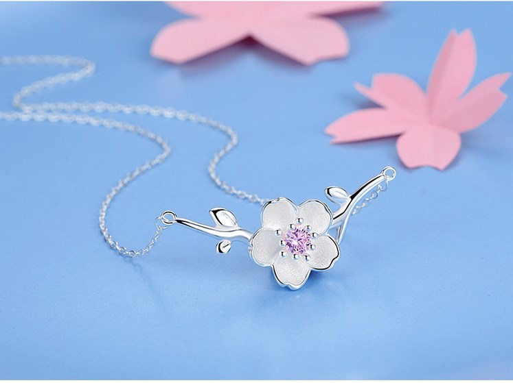 Silver sakura cherry flower Pink Crystal pendant necklace 18″ Chain gift box S5