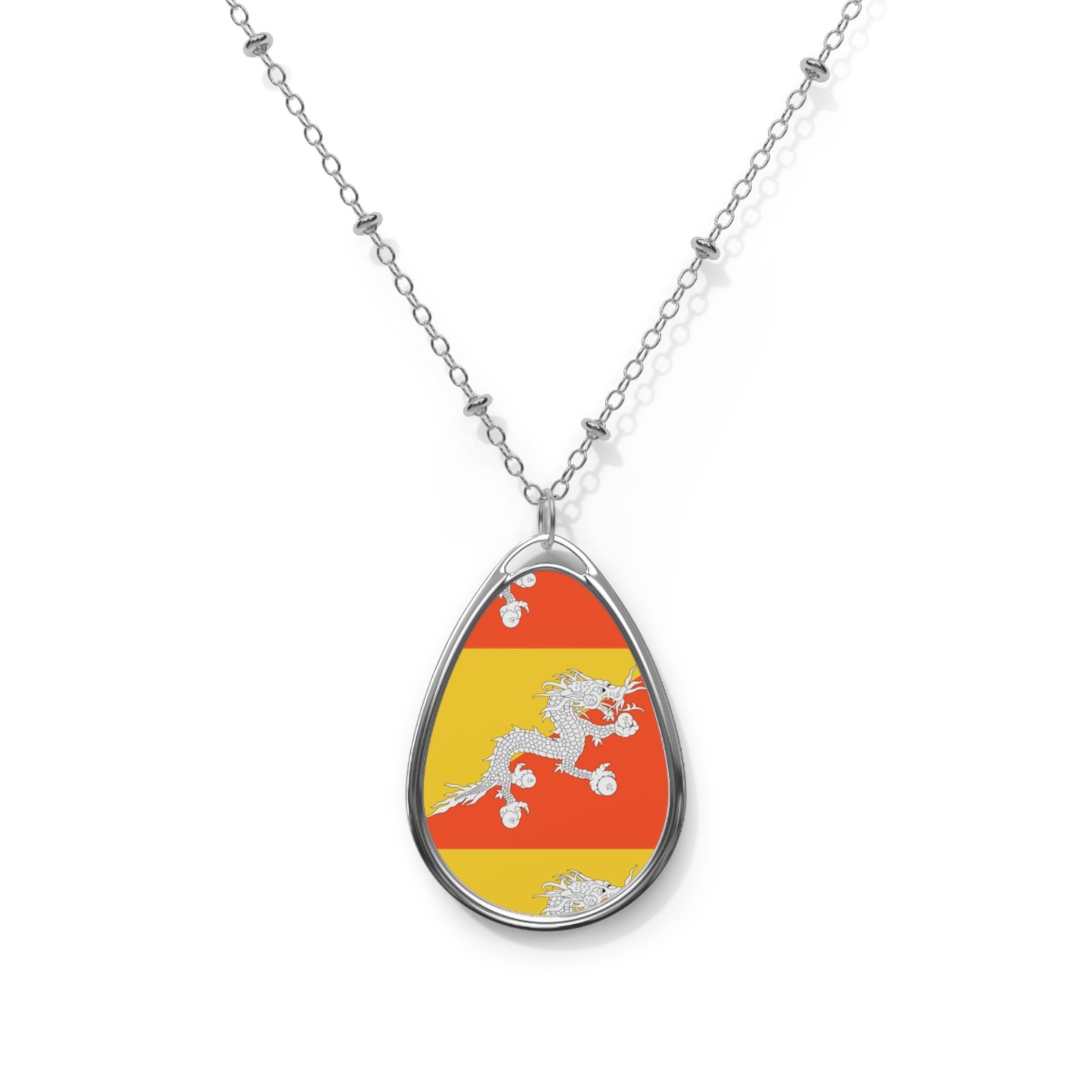 Bhutan Flag Oval Necklace – Bhutanese Heritage Pendant – One Size / Silver
