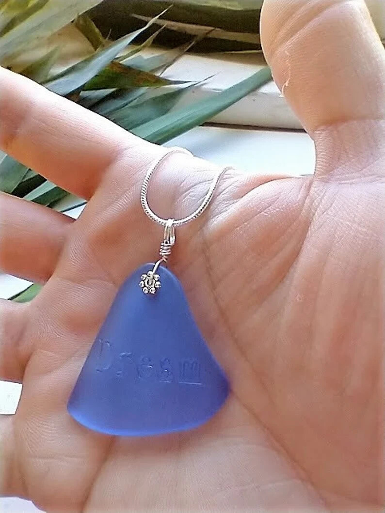Seaglass Necklace Engraved DREAM Silver 18 inch