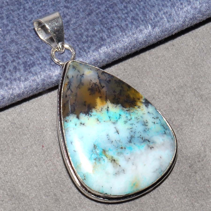 Marine Blue Dendritic 925 Silver Plated Pendant 1.9″ Artisan Handmade Jewelry GW